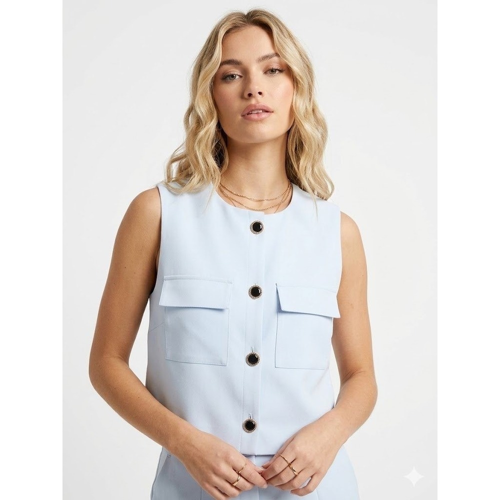 French Connection Button Down Vest Sleeveless Crop Top Light Blue Size 6